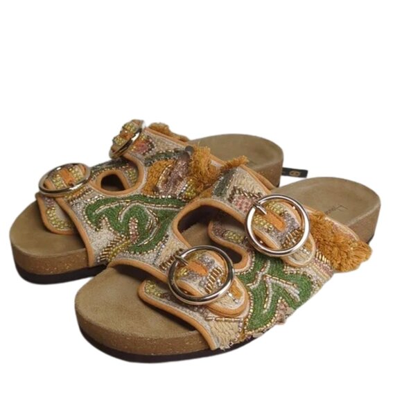 NWT House of Harlow 1960 Green & Tan Beaded Embellished Buckle Sandals | Size 6 - Picture 1 of 9